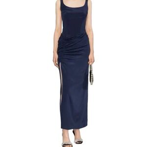 NWT The Mannei $1506 MSRP “Wishaw” Navy Blue Silk Rouched Couture Gown Size XS